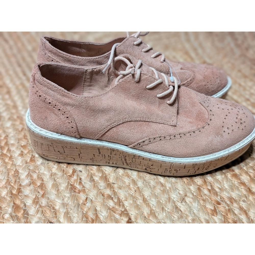 Marypaz Trendy Blush Pink Suede Wingtip Brogue Cork Platform Oxford Shoes Size 9 - Picture 2 of 5